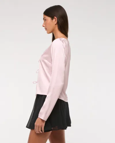 Abercrombie & Fitch Long-sleeve Lace-trim Tie-front Top In Pink