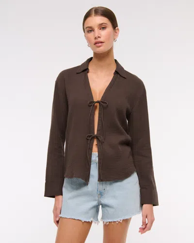 Abercrombie & Fitch Long-sleeve Oversized Tie-front Gauzy Shirt In Brown