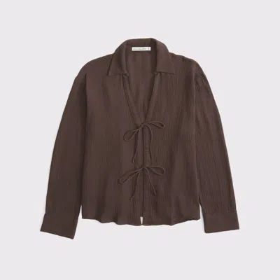Abercrombie & Fitch Long-sleeve Oversized Tie-front Gauzy Shirt In Brown