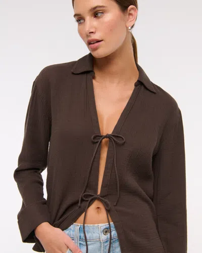 Abercrombie & Fitch Long-sleeve Oversized Tie-front Gauzy Shirt In Brown