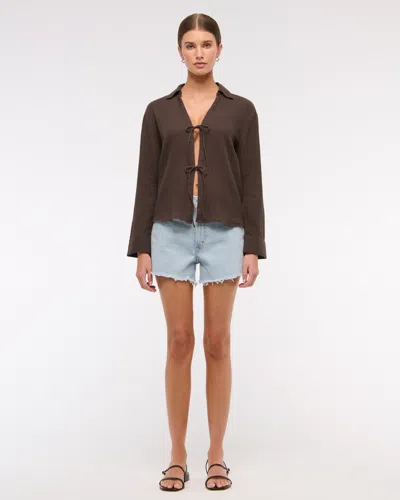 Abercrombie & Fitch Long-sleeve Oversized Tie-front Gauzy Shirt In Brown