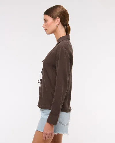 Abercrombie & Fitch Long-sleeve Oversized Tie-front Gauzy Shirt In Brown