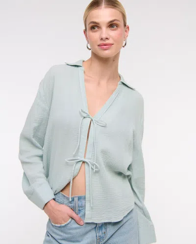 Abercrombie & Fitch Long-sleeve Oversized Tie-front Gauzy Shirt In Brown