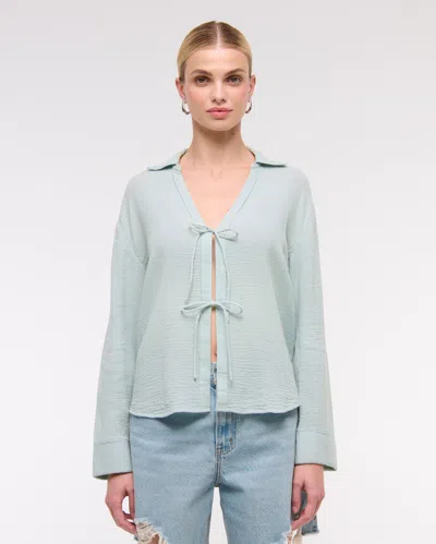 Abercrombie & Fitch Long-sleeve Oversized Tie-front Gauzy Shirt In Brown