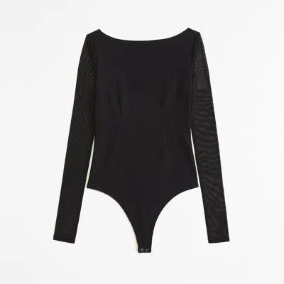 Abercrombie & Fitch Long-sleeve Mesh Crepe Shell Bodysuit In Black
