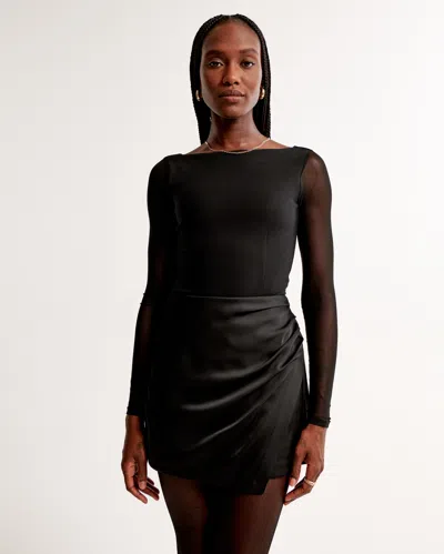 Abercrombie & Fitch Long-sleeve Mesh Crepe Shell Bodysuit In Black