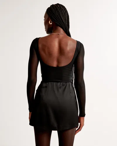 Abercrombie & Fitch Long-sleeve Mesh Crepe Shell Bodysuit In Black
