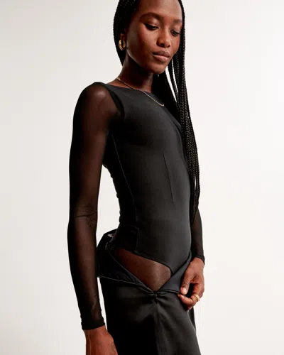 Abercrombie & Fitch Long-sleeve Mesh Crepe Shell Bodysuit In Black
