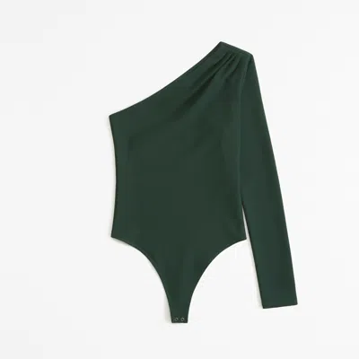 Abercrombie & Fitch Long-sleeve Crepe Asymmetrical One-shoulder Bodysuit In Green