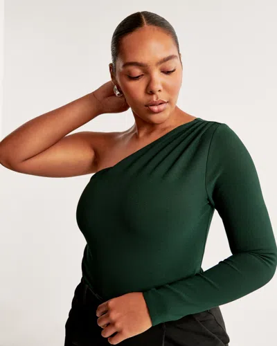 Abercrombie & Fitch Long-sleeve Crepe Asymmetrical One-shoulder Bodysuit In Green