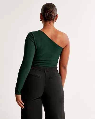 Abercrombie & Fitch Long-sleeve Crepe Asymmetrical One-shoulder Bodysuit In Green