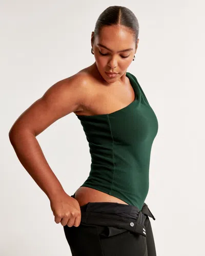 Abercrombie & Fitch Long-sleeve Crepe Asymmetrical One-shoulder Bodysuit In Green
