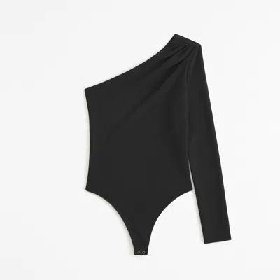 Abercrombie & Fitch Long-sleeve Crepe Asymmetrical One-shoulder Bodysuit In Black