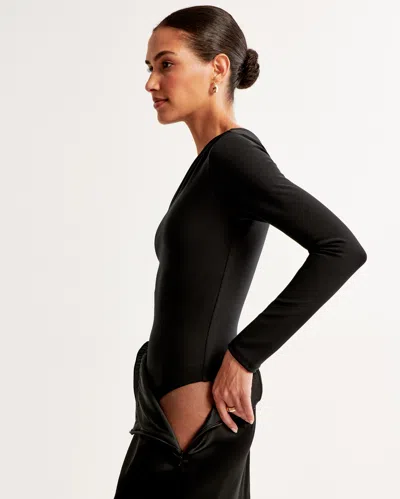 Abercrombie & Fitch Long-sleeve Crepe Asymmetrical One-shoulder Bodysuit In Black