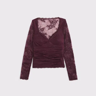 Abercrombie & Fitch A&f Zoe Bra-free Long-sleeve Lace Top In Burgundy