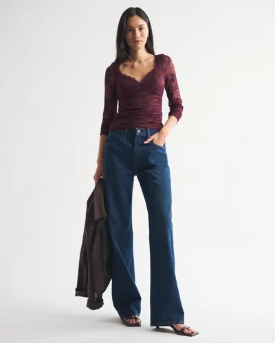 Abercrombie & Fitch A&f Zoe Bra-free Long-sleeve Lace Top In Burgundy