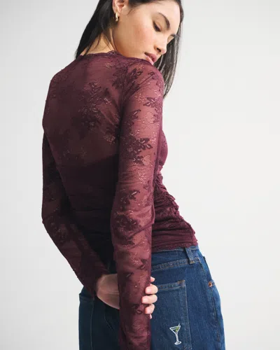 Abercrombie & Fitch A&f Zoe Bra-free Long-sleeve Lace Top In Burgundy
