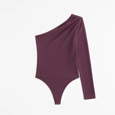 Abercrombie & Fitch Long-sleeve Crepe Asymmetrical One-shoulder Bodysuit In Burgundy
