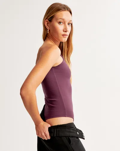 Abercrombie & Fitch Long-sleeve Crepe Asymmetrical One-shoulder Bodysuit In Burgundy