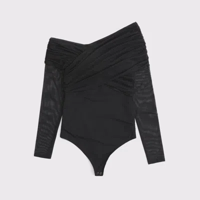 Abercrombie & Fitch Long-sleeve Asymmetrical Wrap Bodysuit In Black