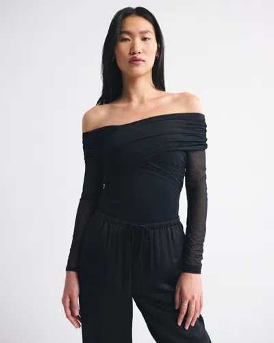 Abercrombie & Fitch Long-sleeve Asymmetrical Wrap Bodysuit In Black