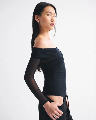 Abercrombie & Fitch Long-sleeve Asymmetrical Wrap Bodysuit In Black