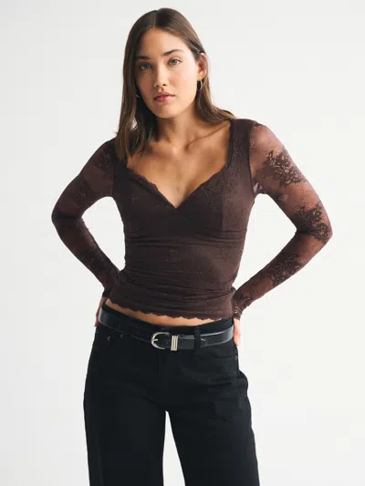 Abercrombie & Fitch A&f Zoe Bra-free Long-sleeve Lace Top In Brown