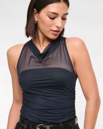 Abercrombie & Fitch Mesh Cowl Neck Bodysuit In Blue