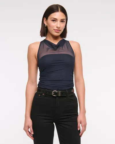 Abercrombie & Fitch Mesh Cowl Neck Bodysuit In Blue