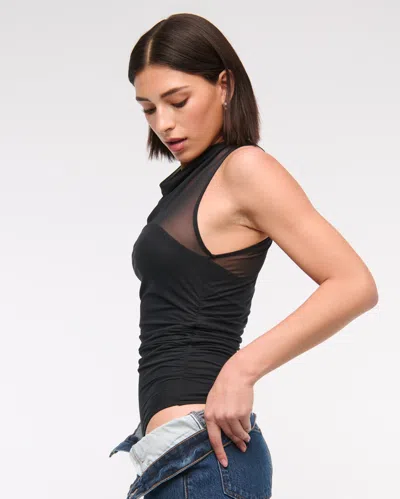 Abercrombie & Fitch Mesh Cowl Neck Bodysuit In Black