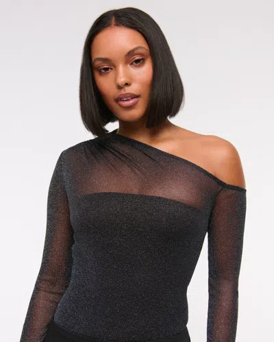 Abercrombie & Fitch Long-sleeve Asymmetrical Draped Mesh Bodysuit In Blue