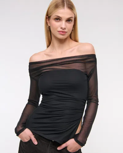 Abercrombie & Fitch Off-the-shoulder Draped Mesh Top In Black
