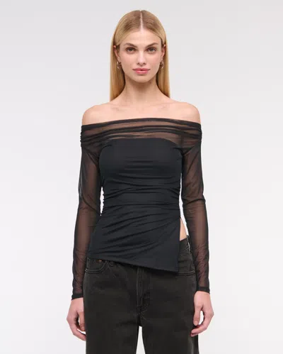 Abercrombie & Fitch Off-the-shoulder Draped Mesh Top In Black