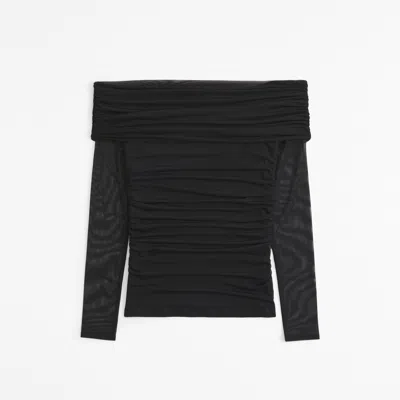 Abercrombie & Fitch Long-sleeve Off-the-shoulder Mesh Top In White
