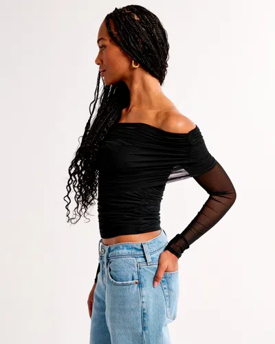 Abercrombie & Fitch Long-sleeve Off-the-shoulder Mesh Top In White