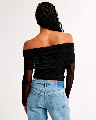 Abercrombie & Fitch Long-sleeve Off-the-shoulder Mesh Top In White