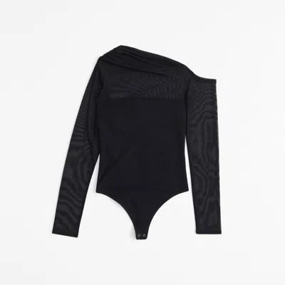 Abercrombie & Fitch Long-sleeve Asymmetrical Draped Mesh Bodysuit In Brown