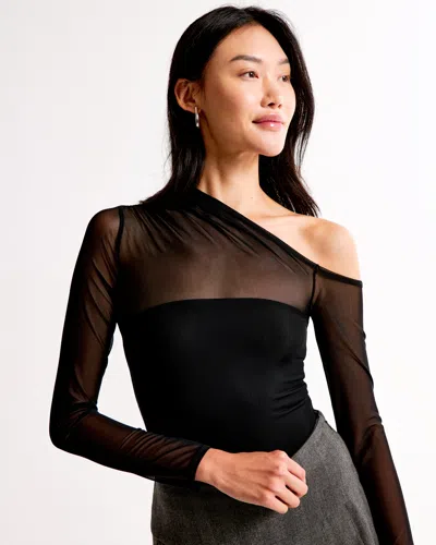 Abercrombie & Fitch Long-sleeve Asymmetrical Draped Mesh Bodysuit In Brown