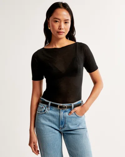 Abercrombie & Fitch Sheer Half-sleeve Slash Top In Black