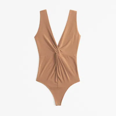 Abercrombie & Fitch Glossy Rib Plunge Twist Bodysuit In Brown