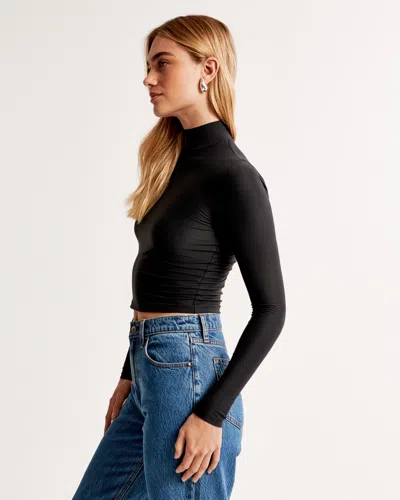 Abercrombie & Fitch Soft Matte Seamless Long-sleeve Cropped Mockneck Top In Black