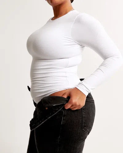 Abercrombie & Fitch Long-sleeve Cotton-blend Seamless Fabric Crew Bodysuit In White