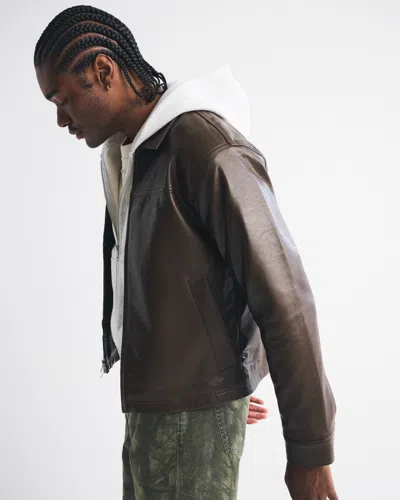 Abercrombie & Fitch Vegan Leather Zip Jacket In Brown