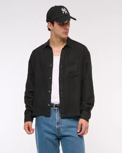 Abercrombie & Fitch Cropped Linen Button-up Shirt In Black