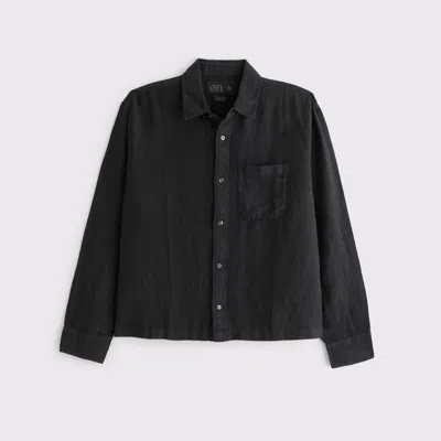 Abercrombie & Fitch Cropped Linen Button-up Shirt In Black