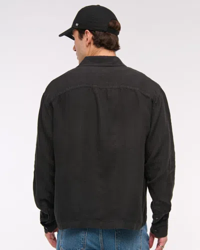 Abercrombie & Fitch Cropped Linen Button-up Shirt In Black