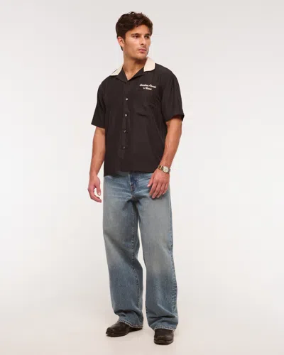 Abercrombie & Fitch Short-sleeve Cupro Button-up Shirt In Black
