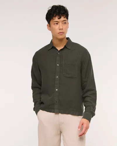 Abercrombie & Fitch Cropped Linen Button-up Shirt In Green