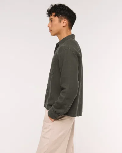 Abercrombie & Fitch Cropped Linen Button-up Shirt In Green
