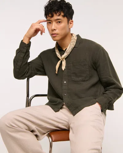 Abercrombie & Fitch Cropped Linen Button-up Shirt In Green